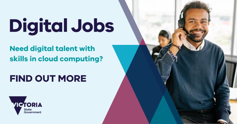 Digital Jobs advertisement text with image of man smiling wearing a headset standing in an office