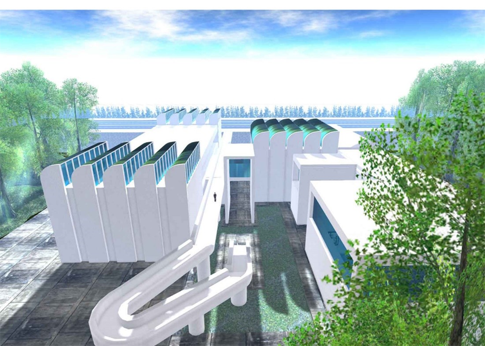 A virtual reality view of a white building with a slide down to a grass area with some trees looking across water 