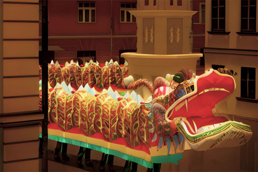 Image of a Chinese dragon with bright yellow and red colour located in a virtual reality courtyard surround by red and cream buildings.